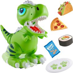 a green toy dinosaur with food and snacks