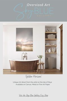 an advertisement for the sky blue collection featuring a bathtub and shelves with vases