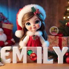 a doll is posed next to the word family with christmas decorations and presents in the background