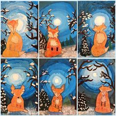 four different paintings of foxes in the night