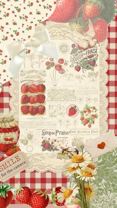 a collage of strawberries and other fruit on a checkered tablecloth background