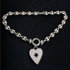 Thick Bold Chunky Choker Heart Necklace . Stainless Steel Gucci Link Necklace . Clear Cubic Zirconia Rhinestone Cz Heart Charm . Gucci Link Chain Style Is Stainless Steel And Is 16 Inch Long . ( If You Need A Diffefe T Size Lmk I Could Add An Extention On The Back ) Heart Has A Star Shape In The Center . Necklace Is Nickel Free / Allergy Free / Do Not Change Color . Tags : Lobster Clasp In Back Of Necklace / Circle Cz Charm / Diamond Heart / Diamond Necklace / Hearts Charms / Boho / Bohemian / S Silver Crystal Heart Necklace With Rhinestones, Boho Choker Necklace, Blue Apatite Crystal, Tulip Necklace, Double Chain Bracelet, Chunky Choker, Heart Choker Necklace, Double Layer Necklace, Goth Necklace