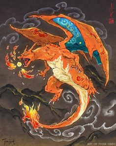 a painting of a dragon with flames coming out of it's mouth