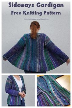 a woman wearing a blue and green cardigan with text that reads sidewayss cardigan free knitting pattern