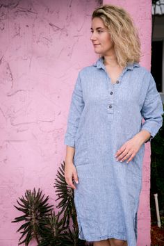 - 100% European flax - pre-washed/pre-shrunk - medium weight linen - soft and comfortable - great texture and lovely wrinkles Casual Flax Linen Dress With Relaxed Fit, Casual Linen Dress With Relaxed Fit, Casual Flax Linen Dress For Daywear, Casual Oversized Linen Dress, Casual Loose Fit Linen Dress, Casual Relaxed Fit Linen Dress, Oversized Casual Linen Dress, Relaxed Fit Linen Dress With 3/4 Sleeve, Blue Knee-length Linen Dress With Relaxed Fit