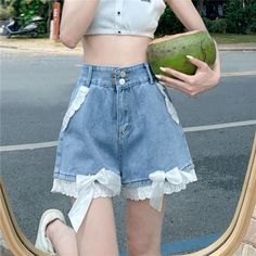 Denim Shorts Upcycle, Cute Blue Shorts, Kawaii Outfit, Lace Denim Shorts, Aesthetic Shorts, Shorts Summer, Cute Shorts