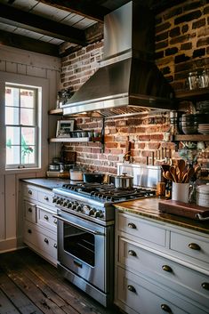 a stove top oven sitting inside of a kitchen next to an oven and countertop