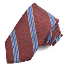 Red, Sky, and French Blue Double Heather Tone Bar Stripe Silk, Wool, and Cotton Woven Tie by Dion Neckwear Luxury Striped Ties, Luxury Striped Business Ties, Dog Socks, Brown Dog, Stripe Silk, Red Sky, French Blue, Silk Wool, Cotton Weaving