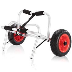 a white and red cart with wheels on it