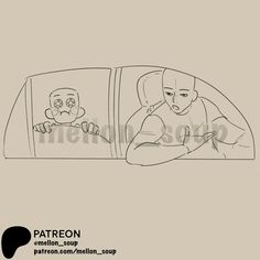 a drawing of a man sitting in a car looking at his cell phone