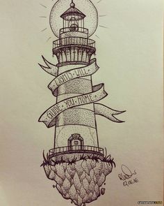 a drawing of a lighthouse with ribbon around it