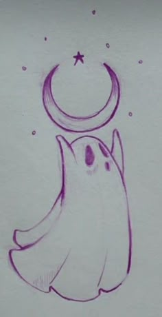 a drawing of a ghost with a crescent and star on it's head in purple ink