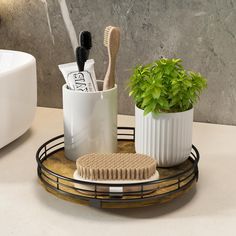 there is a toothbrush and brush on the tray