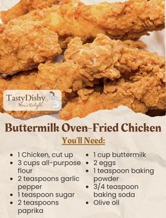 an advertisement for buttermilk oven fried chicken with instructions on the back and side