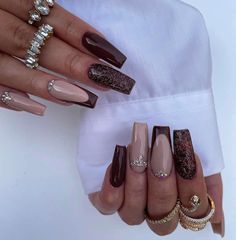 Brown Nail Art, Nail Shapes Square, Brown French, Golden Nails, Nagellack Trends, Pointed Nails, Sparkle Nails, Fake Nail