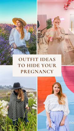 four different pictures with the words, outfit ideas to hide your pregancy on them