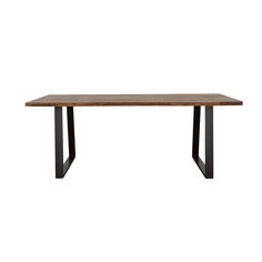 a wooden table with metal legs on a white background