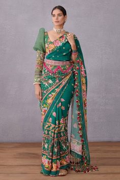 Buy Grey Saree Silk Chiffon Embroidered Lace Scoop Neck With Work Blouse For Women by Tarun Tahiliani Online at Aza Fashions. Emerald Green Fabric, Mehndi Outfits, Green Saree, Indian Textiles, Indian Clothes, Abstract Drawings, Work Blouse