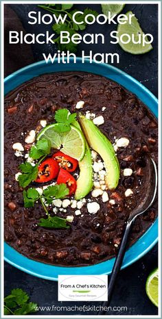 slow cooker black bean soup with ham and avocado in a blue bowl