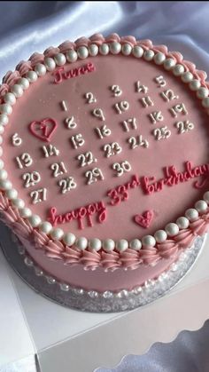 a birthday cake with pink frosting and white icing on the top is shown