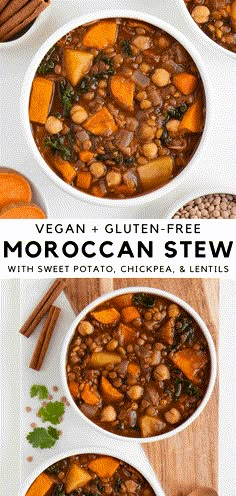 vegan and gluen - free moroccan stew with sweet potato, chickpea, and lentils