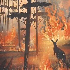 a painting of a deer standing in front of a forest filled with fire and flames