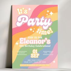 this is a party time birthday card with rainbows and stars on the front, it's free for everyone to see