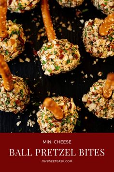 mini cheese ball pretzel bites with caramel drizzled on top