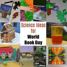 science ideas for world book day with images of books, toys and other things in the background