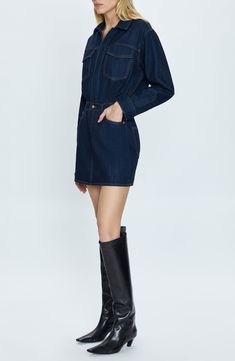 Tap into the all-denim trend in this nonstretch mini shirtdress flaunting a dark wash and contrast topstitching. 34" length (size Small) Front snap closure Spread collar Long sleeves with button cuffs Five-pocket style 100% cotton Machine wash, tumble dry Imported Denim Blue Mini Denim Top, Denim Blue Mini Dress For Work, Relaxed Fit Mini Shirt Dress For Fall, Fall Relaxed Fit Mini Shirt Dress, Chic Denim Shirt Dress For Work, Relaxed Fit Mini Dress For Fall, Button-up Denim Mini Dress For Work, Denim Button-up Mini Dress For Work, Chic Long Sleeve Dark Wash Denim Dress