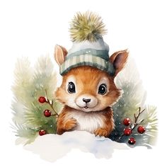 a watercolor painting of a little squirrel wearing a winter hat and sitting in the snow