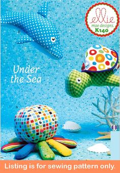 an advertisement for the under the sea pattern book, featuring two stuffed animals in different colors