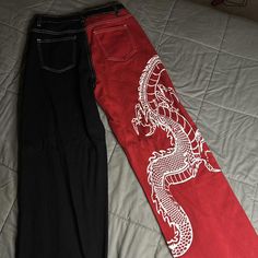 Red and black 2 toned split color dragon jeans

 #grunge #twotoned #splitjeans #dragon #embellishedjeans Dragon Jeans, Jeans Grunge, Embellished Jeans, Red And Black, Women's Jeans, Split, Women Jeans, Red, Black