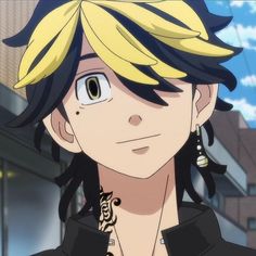 an anime character with long hair and piercings on his ears, wearing black clothes