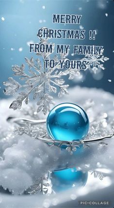 merry christmas from my family 10 years greeting card with snowflakes and blue glass ornament