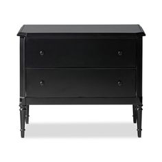 a black dresser with two drawers on one side and an open drawer on the other