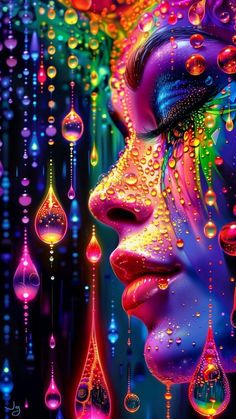 a woman's face covered in water drops and multicolored lights, with her eyes closed