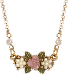 Pearly Eden Pink Rose Enamel Faux Pearl Pendant Necklace 16 + 3 Extender