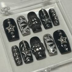 This ATE inspired set screams "STRAY KIDS" With their new album dropping soon, the digital cover was the ultimate inspiration for these nails. Adorned with metallic stars, silver pearls, and 3D grills, this set is as extra as they come. These nails are perfect for a concert or for everyday wear if you're a SKZ connoisseur on the daily!  Available in shape Medium Square.  This set includes 10 nails fit to your personal sizes in the exact design pictured. Follow instructions listed in personalizat Chrome Y2k Nails + Charms, Stray Kids Inspired Nails Ate, Ate Nails Skz, Straykids Ate Nails, Star Inspired Nails, Stray Kids Nails Inspired, Skz Nails Design, Star Charm Nails, Skz Inspired Nails