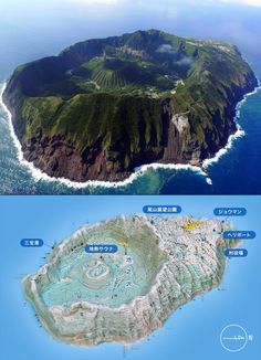 an island is shown in two different pictures, one with water and the other with land