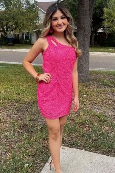 Stunning Hot Pink Sequins Mini Dress Homecoming Dress Pink One-shoulder Mini Dress For Homecoming, Pink Homecoming Dress For Summer, Pink Summer Homecoming Dress, One Shoulder Summer Homecoming Dress, Mini Hoco Dress, Cutout Shorts, Mini Homecoming Dresses, Short Party Dress, Hot Pink Dresses