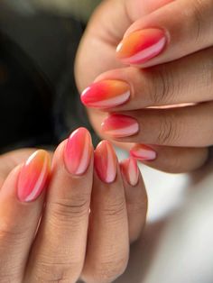 Nails inspo🧡 Peach Mermaid Nails, Chrome Nails For Vacation, Vibrant Chrome Nails, Almond Sns Nails Designs, Blue And Pink Chrome Nails, November Vacation Nails, Ombré Nails Chrome, Subtle Tropical Nails, Nails Inspo Vacation