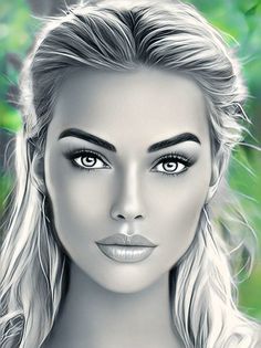 a drawing of a woman with long blonde hair and blue eyes is featured in this image