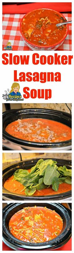 slow cooker lasagna soup recipe with spinach leaves on top and in the bottom