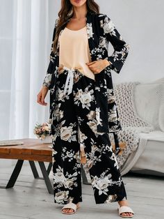 3pcs Floral Print Pajama Set For Women Multicolor Elegant  Long Sleeve,Sleeveless Woven Fabric Plants,All Over Print Pant Sets Non-Stretch All Women Sleep & Lounge, size features are:Bust: ,Length: ,Sleeve Length: Black Spring Sleepwear For Home, Floral Print Long Sleeve Sets For Sleepover, Floral Print Long Sleeve Sleepover Sets, Floral Print Long Sleeve Loungewear Sets, Black Long Sleeve Loungewear Pant Set, Black Floral Print Loungewear Sets, 3-piece Long Sleeve Sets For Spring, Floral Print Long Sleeve Loungewear Pant Set, Long Sleeve Floral Print Loungewear Pant Set