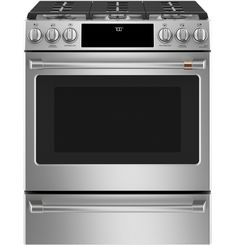 a stainless steel oven with two burners on the front and one in the middle