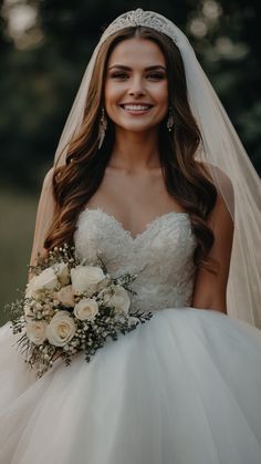 a woman in a wedding dress holding a bouquet and smiling at the camera while wearing a bridal gown