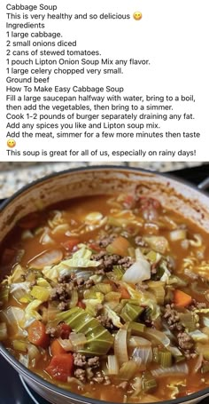 the recipe for cabbage soup is shown in an instagramtion from food network's facebook page