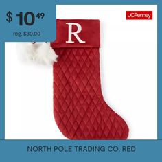 a red christmas stocking with the letter r on it