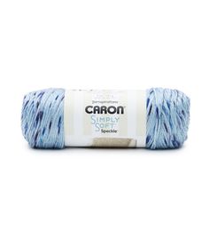 blue and white yarn with the words caraon simply on it in front of a white background